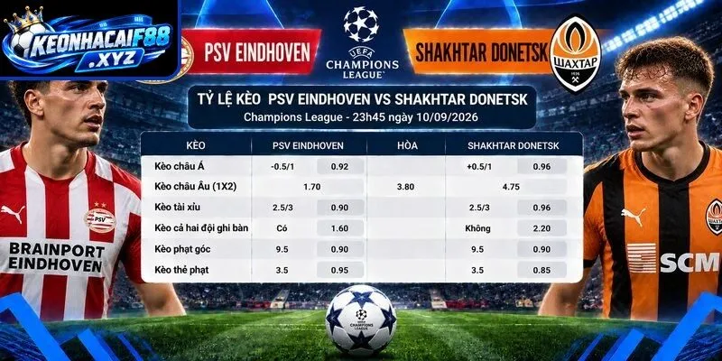 Tỷ lệ kèo PSV Eindhoven vs Shakhtar Donetsk